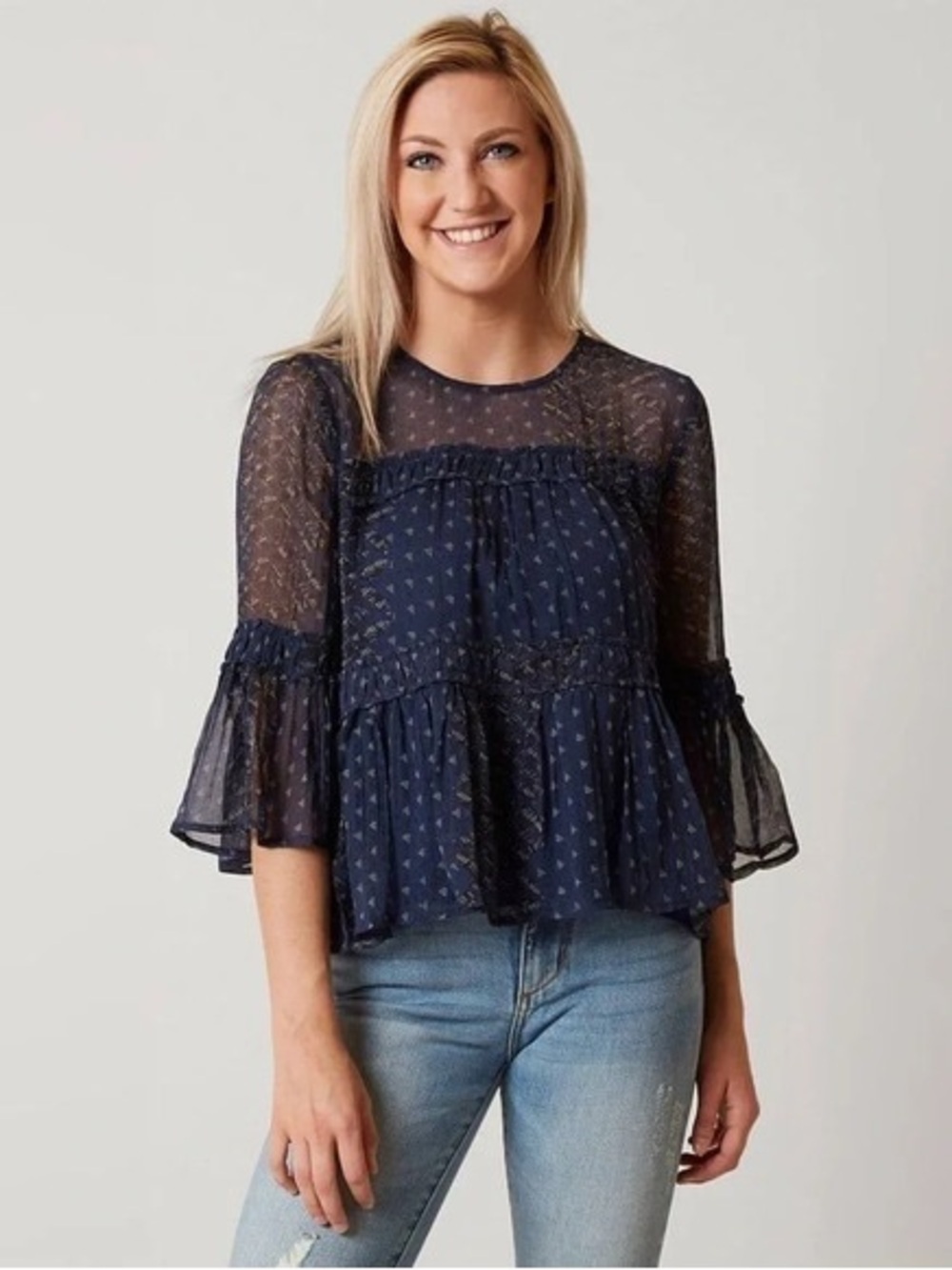 Lucky Brand Crinkle Peasant Blue 3/4 Sleeve Scoop Neck Top Size Small